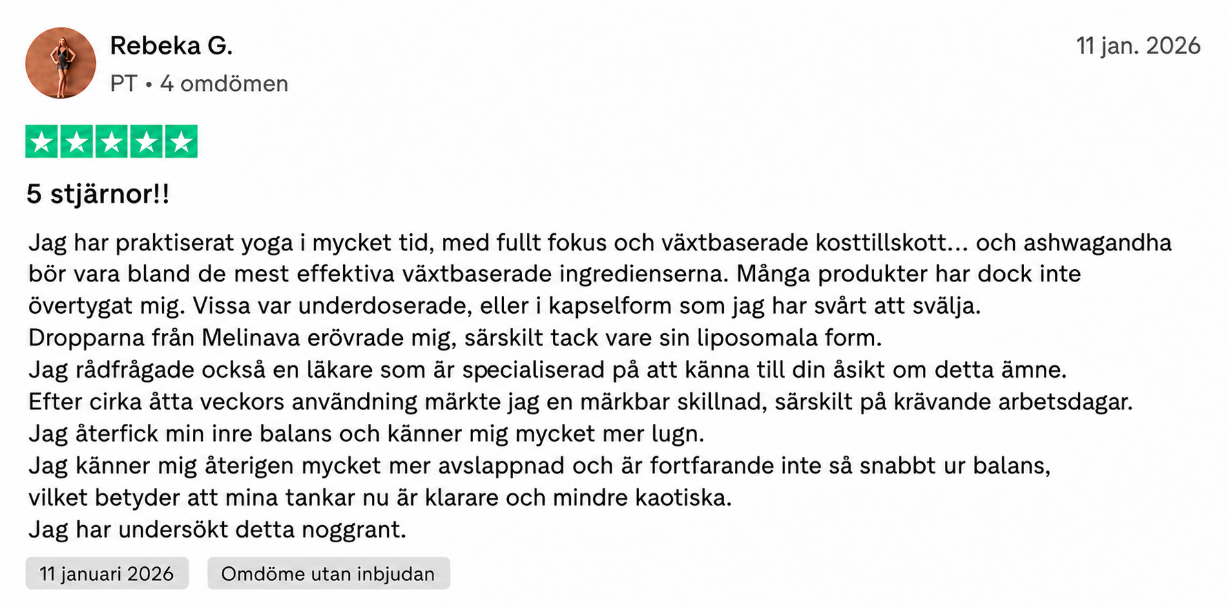 Customer review of Melinava's ashwagandha